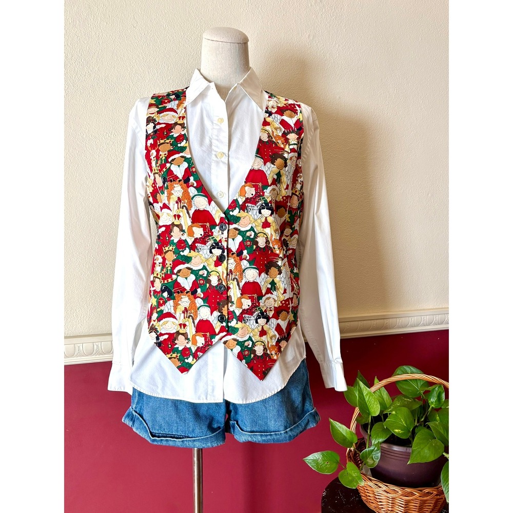 111 Main Vintage Waistcoat Vest Button Front Christmas Print‎ Cotton 90s Grandma